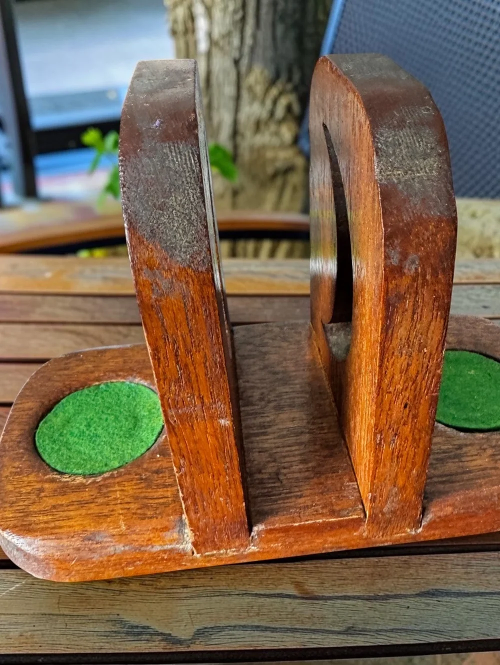 Vintage Wooden Napkin Holder Salt Pepper Caddy Green Felt Crescent Cutout